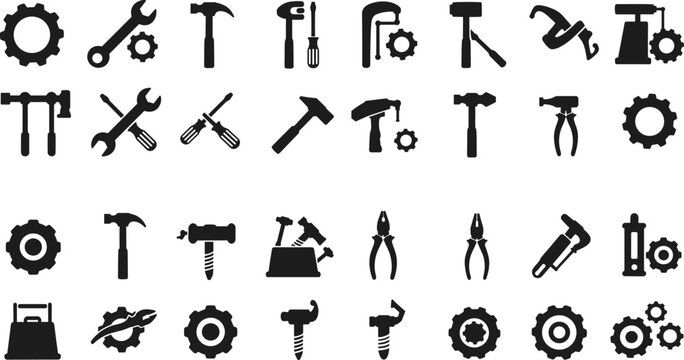 Collection of black silhouette construction tools icons, hammer wrench screwdriver pliers gear symbols, industrial mechanic equipment vector illustration, isolated design for repair service