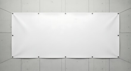 Blank white vinyl banner stretched on a modern concrete wall for mockup