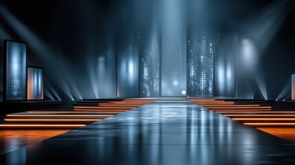 A modern stage illuminated with dramatic lighting, featuring sleek lines and a futuristic backdrop, designed for performances or fashion shows.