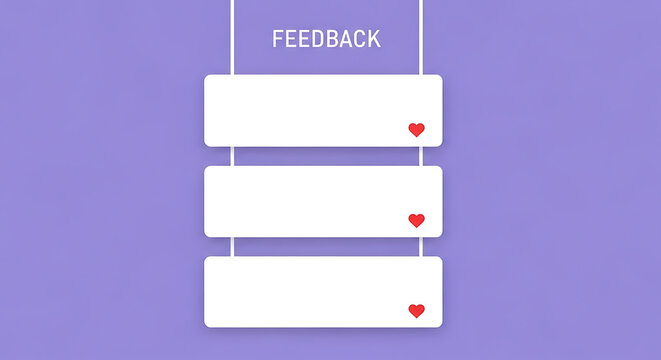 Feedback form with hearts on purple background concept of customer satisfaction, user experience, and online survey space for text modern design for website or app isolated on white background