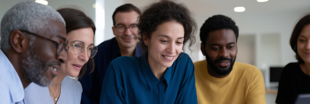 A diverse team of professionals engaged in collaborative work in an office environment, highlighting teamwork, innovation, and the exchange of ideas in a modern setting.