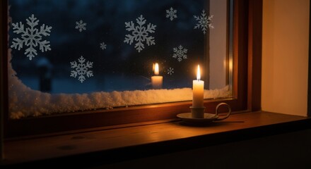 Candle in a window with snow and snowflake decorations