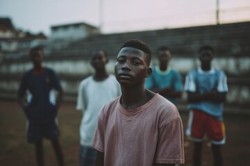 A group of young African soccer players on the soccer field.