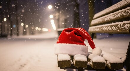 Santa hat on a snowy park bench during winter night