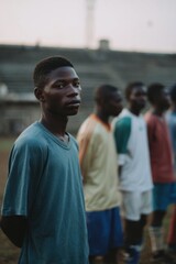 A group of young African soccer players on the soccer field.