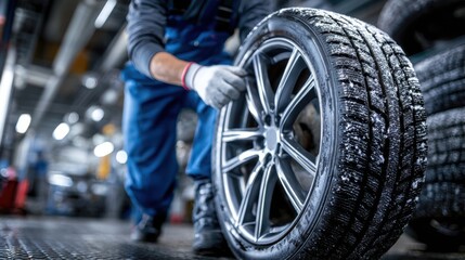 Car mechanic changing tire at auto repair shop garage.	