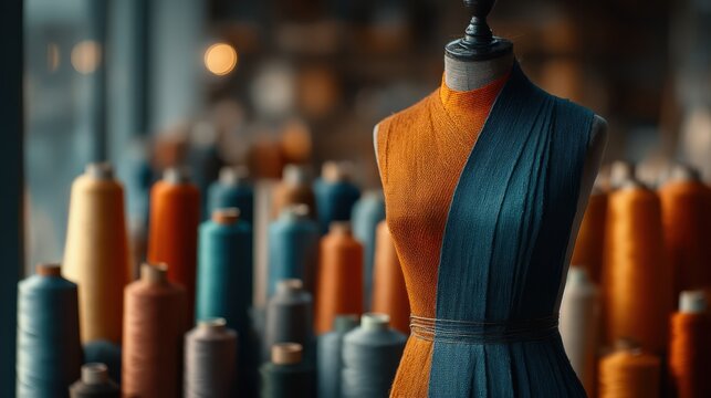 A tailored dress form displays vibrant orange and teal fabrics, surrounded by colorful spools of thread, capturing the essence of fashion design and creativity.