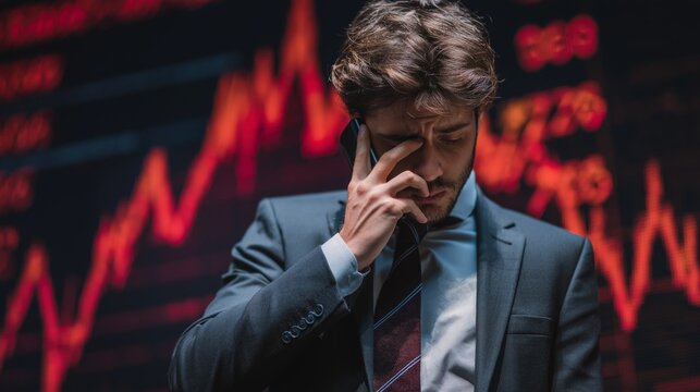 A businessman talking on the phone cries and covers his face with his hand as he looks at the rising stock market chart in front of him. Generative AI - Powered by Adobe