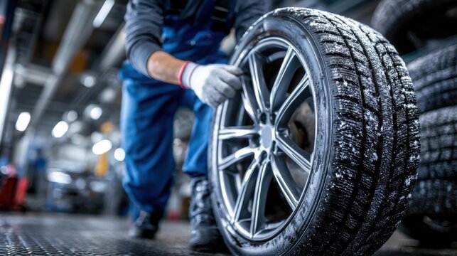 Car mechanic changing tire at auto repair shop garage.	