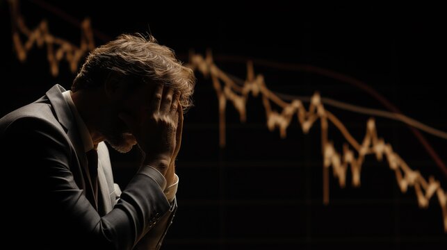 A businessman talking on the phone cries and covers his face with his hand as he looks at the rising stock market chart in front of him. Generative AI