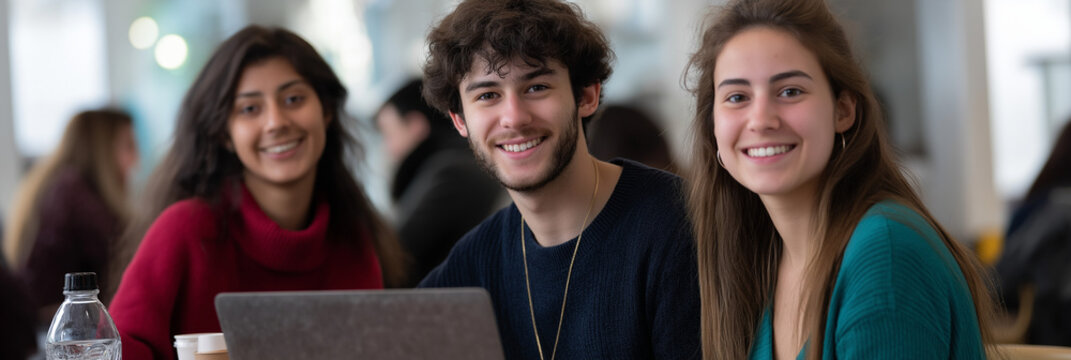 A diverse group of three young friends collaborate on a laptop while sharing smiles and ideas in a bright, modern study environment filled with natural light.