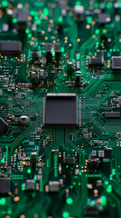 Macro view of green electronic circuit board with microchips.
