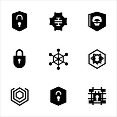 Assortment of cybersecurity and network icons in hexagonal and shield shapes, including open and closed locks