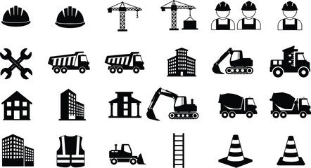 Construction equipment and worker icons collection with cranes, trucks, helmets, buildings, and safety tools, industrial engineering and architecture vector illustration © Shahajan