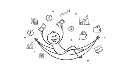 Financial freedom visualized A stick figure contentedly reclines in a hammock, surrounded by floating money and financial symbols, representing investment success and wealth