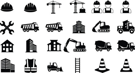 Construction icons set with workers, trucks, cranes, safety helmets, buildings, and tools, industrial construction and engineering equipment vector illustration design © Shahajan