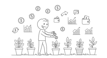 Investing in Growth A Visual Metaphor of Financial Success, Illustrated by a Person Nurturing Money Plants, Representing Investment Strategies and Profit