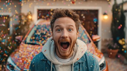 A joyful man celebrates with confetti in front of a colorful car, capturing a moment of excitement and happiness.