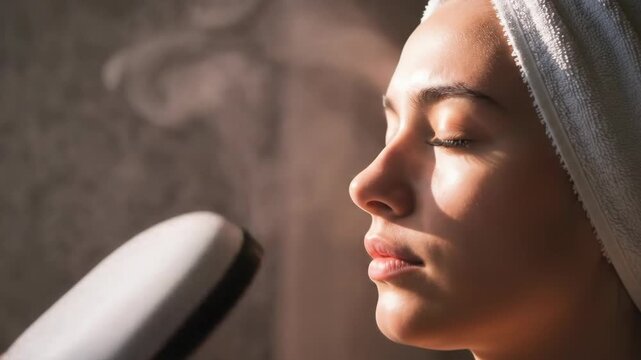Woman with towel using a facial steamer, bathed in soft sunlight