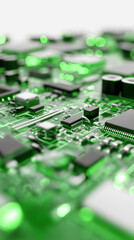 Obraz premium Macro view of green electronic circuit board with microchips. 