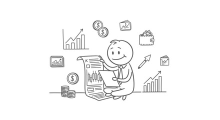 Financial analysis concept cartoon character examining a detailed document with financial symbols, charts, coins, and a wallet in the background, representing finance and business success