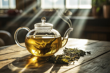 A glass teapot with freshly brewed green tea.