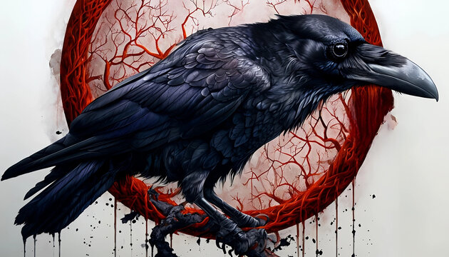 immagine di un corvo appollaiato su di un ramo sanguinante con un bulbo oculare umano tenuto con il becco, image of a crow perched on a bleeding branch holding a human eyeball in its beak