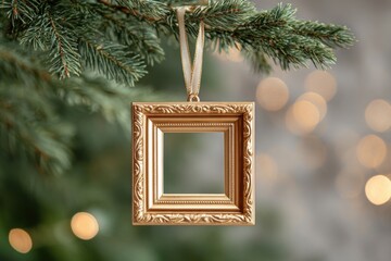 A golden photo frame ornament hanging on a Christmas tree branch.
