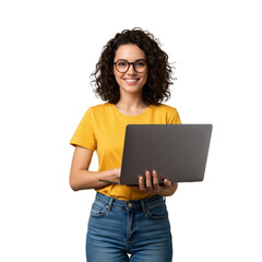 Obraz premium Smiling woman holding laptop isolated on white