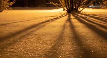 Snowy field with tree casting long shadows in winter landscape