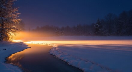 Winter night landscape with river and snow covered trees