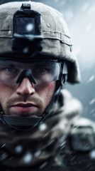 Obraz premium Close-up portrait of soldier wearing helmet and goggles in the rain. 
