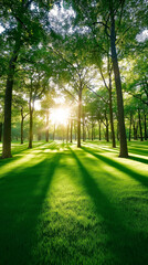 Obraz premium Beautiful forest with green grass and sunlight streaming through trees. 