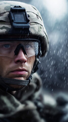 Obraz premium Close-up portrait of soldier wearing helmet and goggles in the rain. 