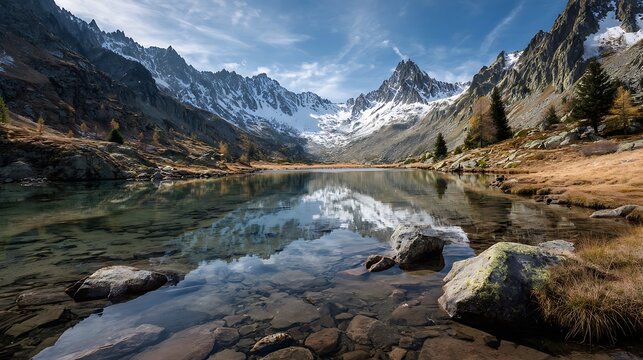 Alpine lake reflecting majestic snow-capped mountains under blue sky