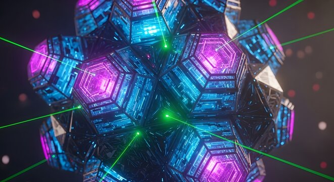 Abstract futuristic structure with glowing blue and purple hexagonal components intersected by vibrant green laser beams creating complex geometric patterns and light effects - Powered by Adobe