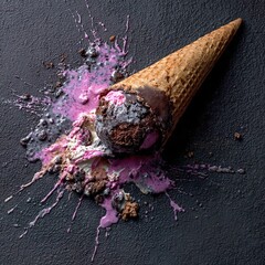 A fallen ice cream cone on a black surface. 