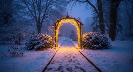 Snowy winter landscape with illuminated archway in a garden