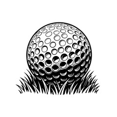 Realistic Golf Ball on Grass Black and White Vector Illustration