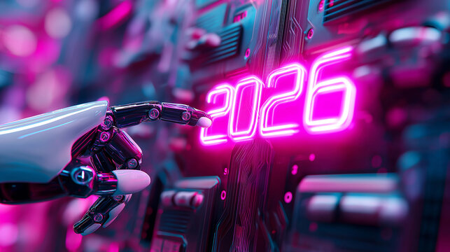 Robotic hand touching neon digital number 2026 on futuristic interface.
