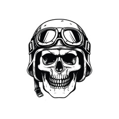 Black and white illustration of a human skull wearing an old vintage pilot helmet with goggles in a hand drawn line art style vector