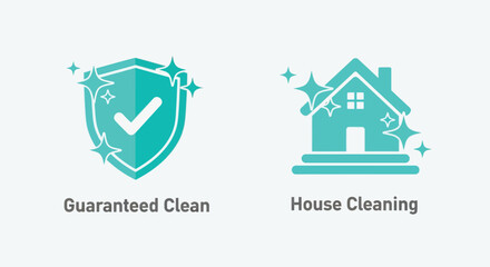 Vector illustration of guaranteed clean house cleaning icon with checkmark on shield and sparkling house, representing cleaning service and hygiene