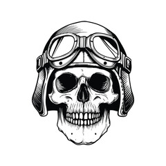 Black and white illustration of a human skull wearing an old vintage pilot helmet with goggles in a hand drawn line art style vector