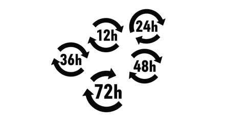 Vector illustration of set of circular arrows indicating time intervals of 12h, 24h, 36h, 48h, and 72h