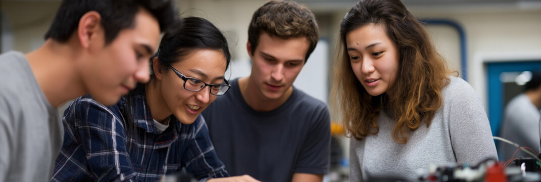 This image shows a diverse group of young individuals engaged in an exciting collaborative project, highlighting teamwork, creativity, and the spirit of innovation. - Powered by Adobe