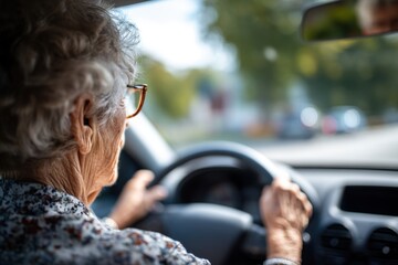 An old woman driving a car.	