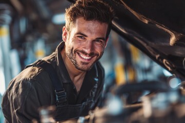 Smiling mechanic repairing a car.