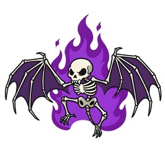 A cartoon skeleton with wings and a bat, set against a whimsical background, exuding a playful Halloween vibe.
