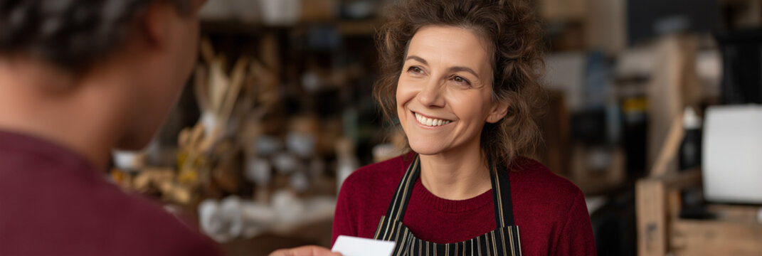 This captivating image shows a happy woman serving a customer, showcasing the joy of customer service and the importance of friendliness in retail and community interactions.