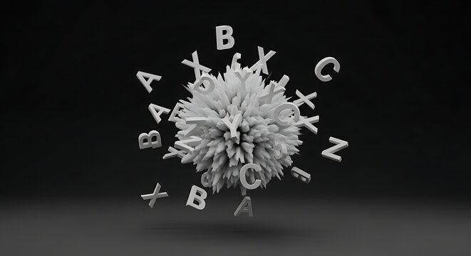 Dynamic alphabet letters scattering from a spiky sphere, illustrating the abstract flow of information and linguistic energy